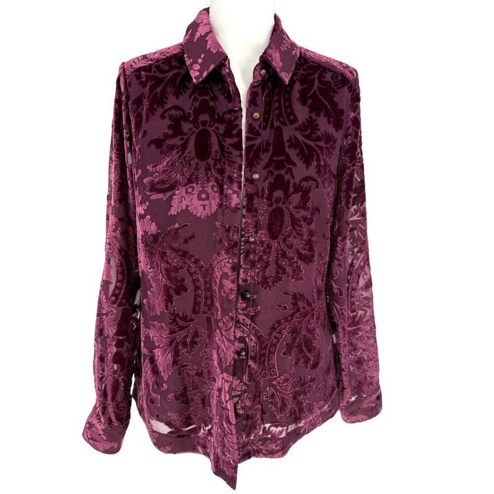 Soft Surroundings Plum Purple Velvet Burnout Sheer Long Sleeve Blouse Womens XS